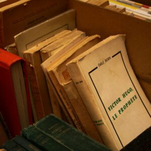 Collection of vintage paperback books in a cardboard box, ideal for literature enthusiasts.
